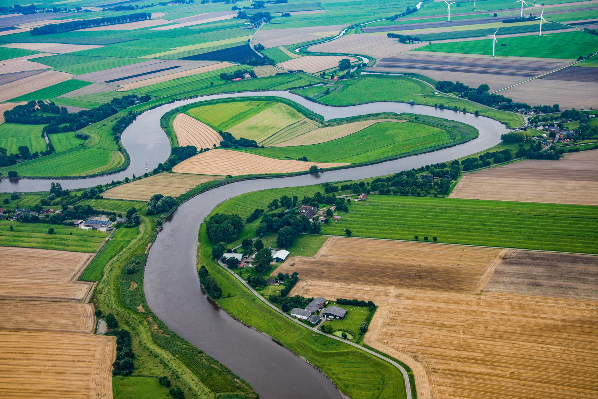 Aerial view over the Elbe River and surrounding farmland