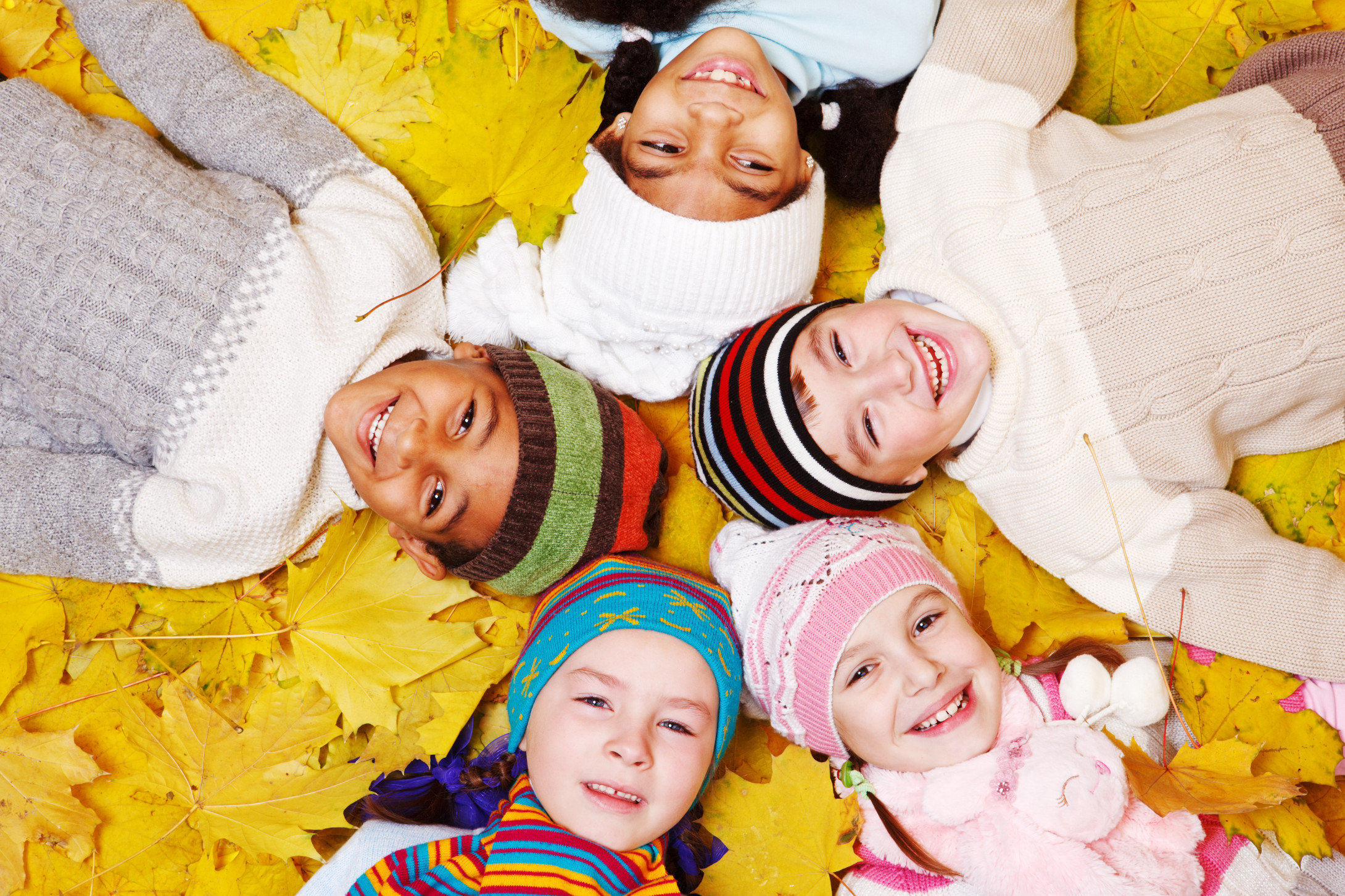 A group of smiling children on autumnal leaves.
