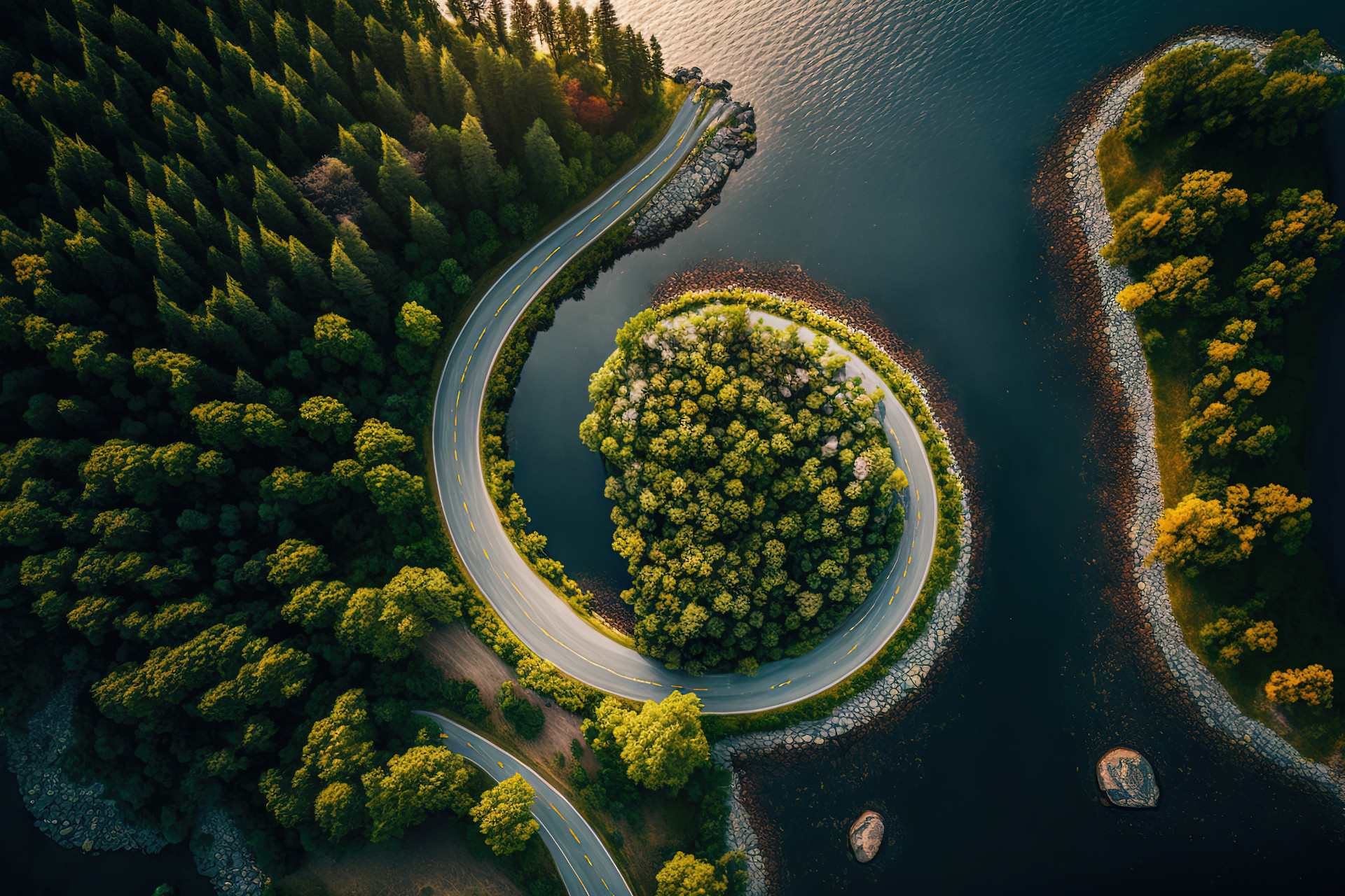 Bird's eye view of a curvy road next to water.